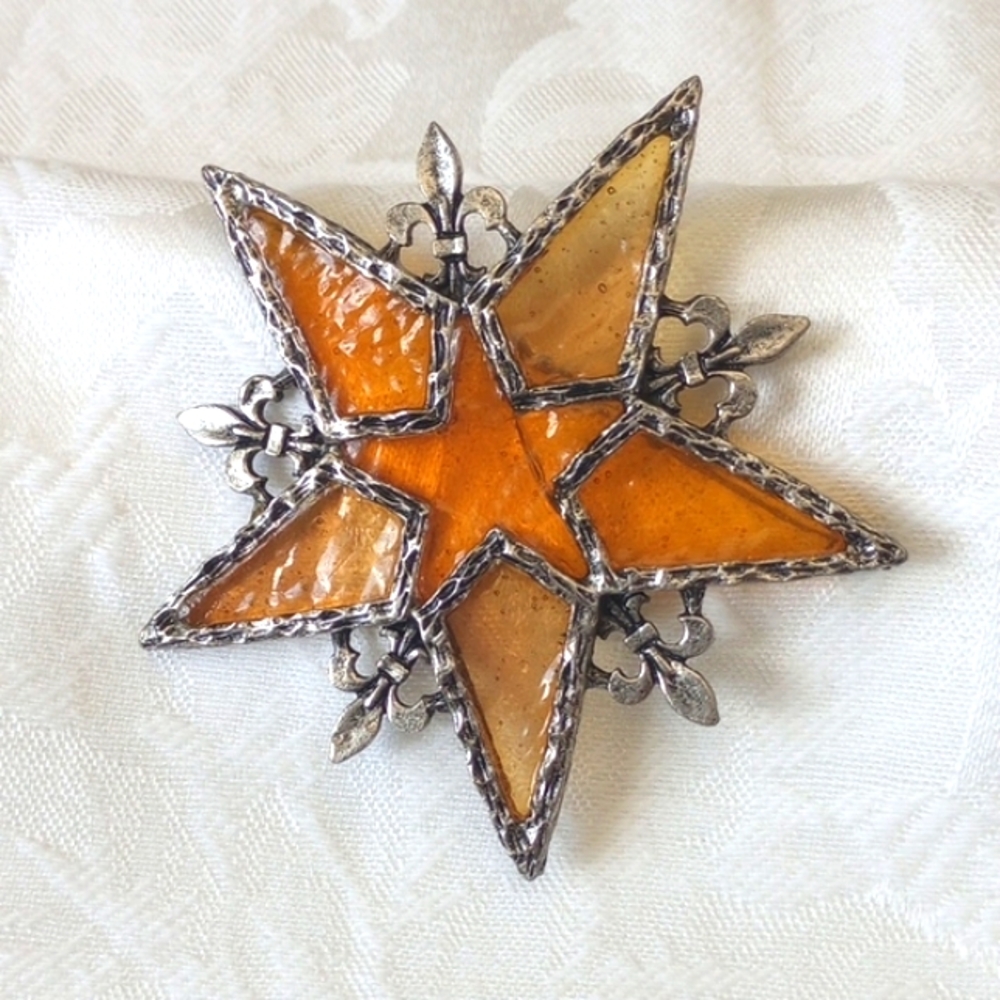 Vintage 50s Plique A Jour Glass Star Brooch Yellow Orange Silvertone Read